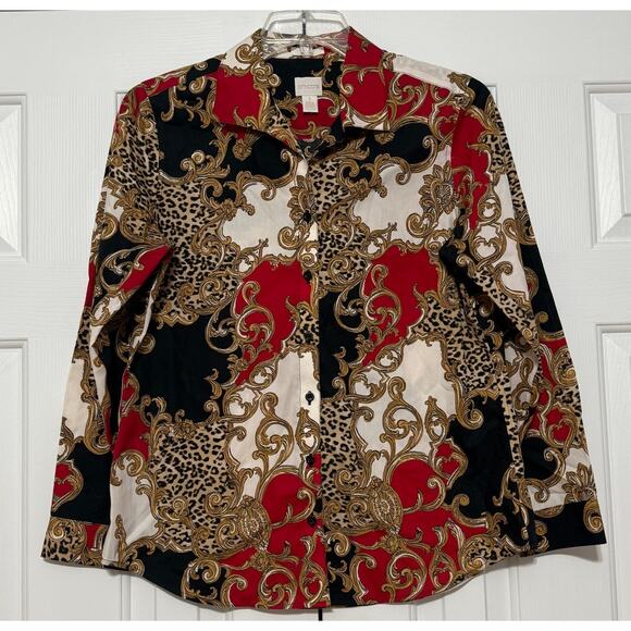 Chico's No-Iron Baroque & Leopard Print Blouse, Size 1 - Picture 1 of 6